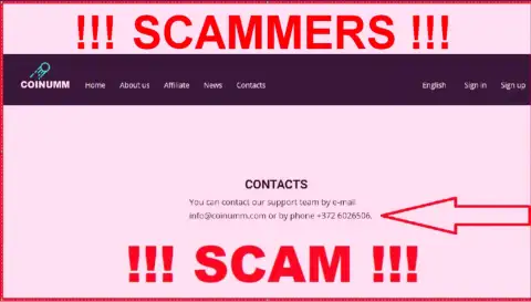 Coinumm phone number listed on the thieves site