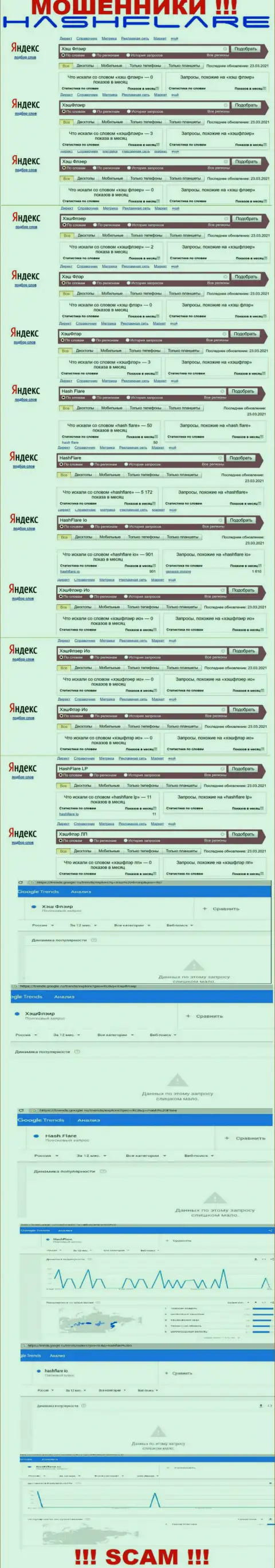 Количество online запросов в поисковиках всемирной паутины по бренду мошенников HashFlare