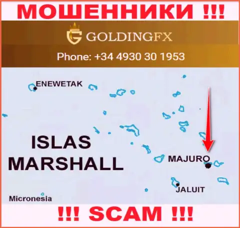 С интернет-шулером GoldingFX довольно-таки рискованно совместно работать, ведь они расположены в офшоре: Маджуро, Маршалловы острова