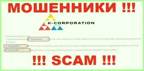 Юридическим лицом, владеющим интернет лохотронщиками К-Корпорэйшн, является K-Corporation Group