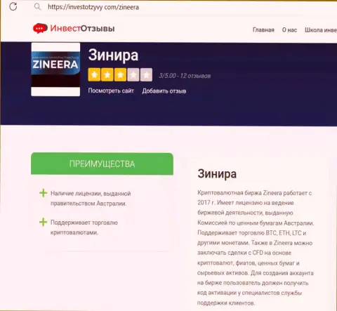 Обзор условий для совершения торговых сделок дилингового центра Zineera на информационном сервисе investotzyvy com