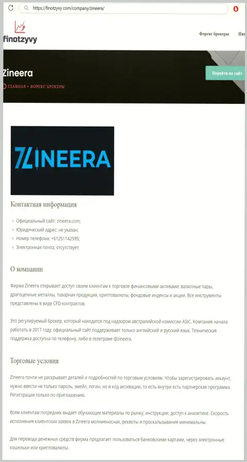 Полный анализ деятельности дилингового центра Zineera, опубликованный на информационном ресурсе FinOtzyvy Com